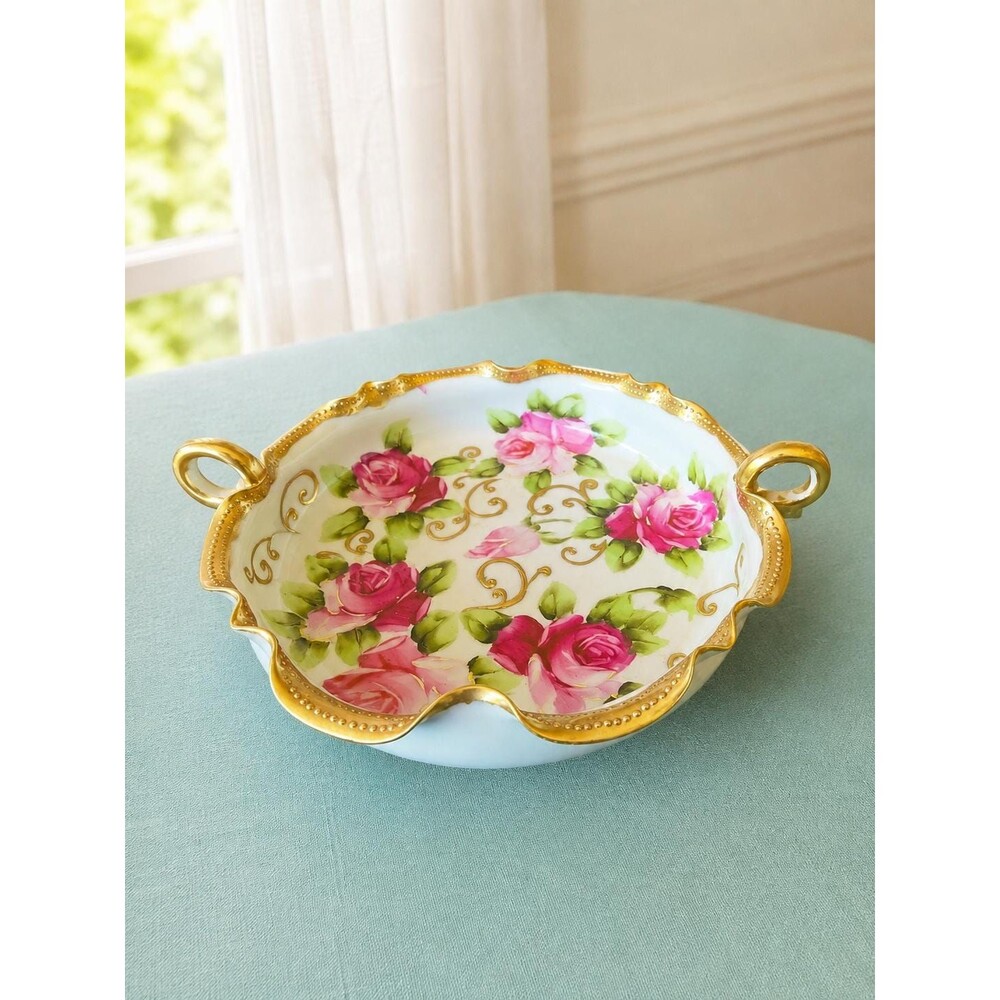 Antique Nippon Hand Painted Rose Porcelain Bowl Gold Trim c.1890s